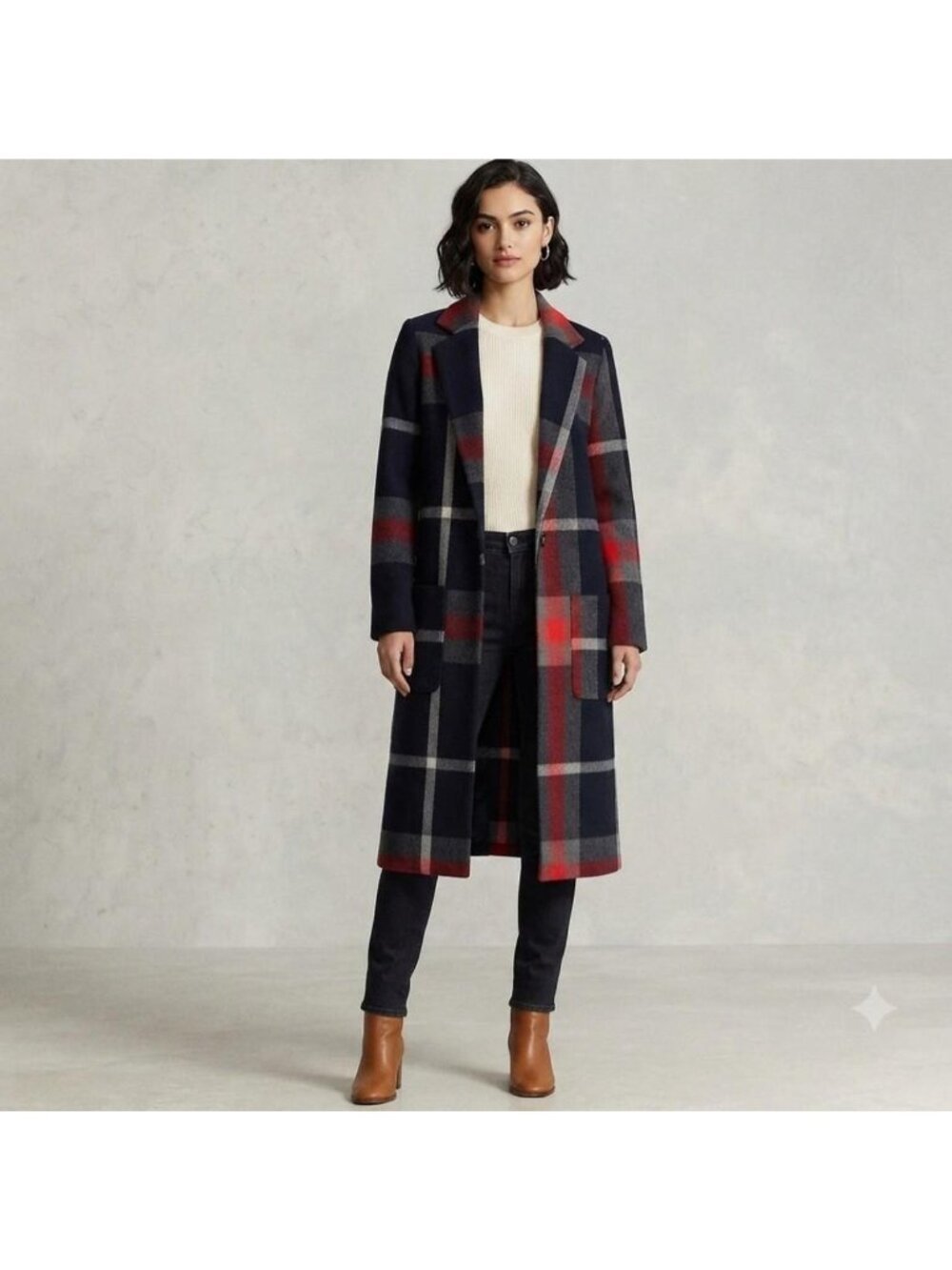 Express Women's Navy and Blue Plaid Coat Size Medium